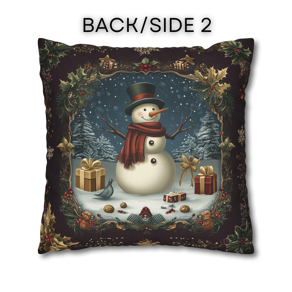 Vintage Style Holiday Pillow Cover: Burgundy and Gold Christmas Snowman Design