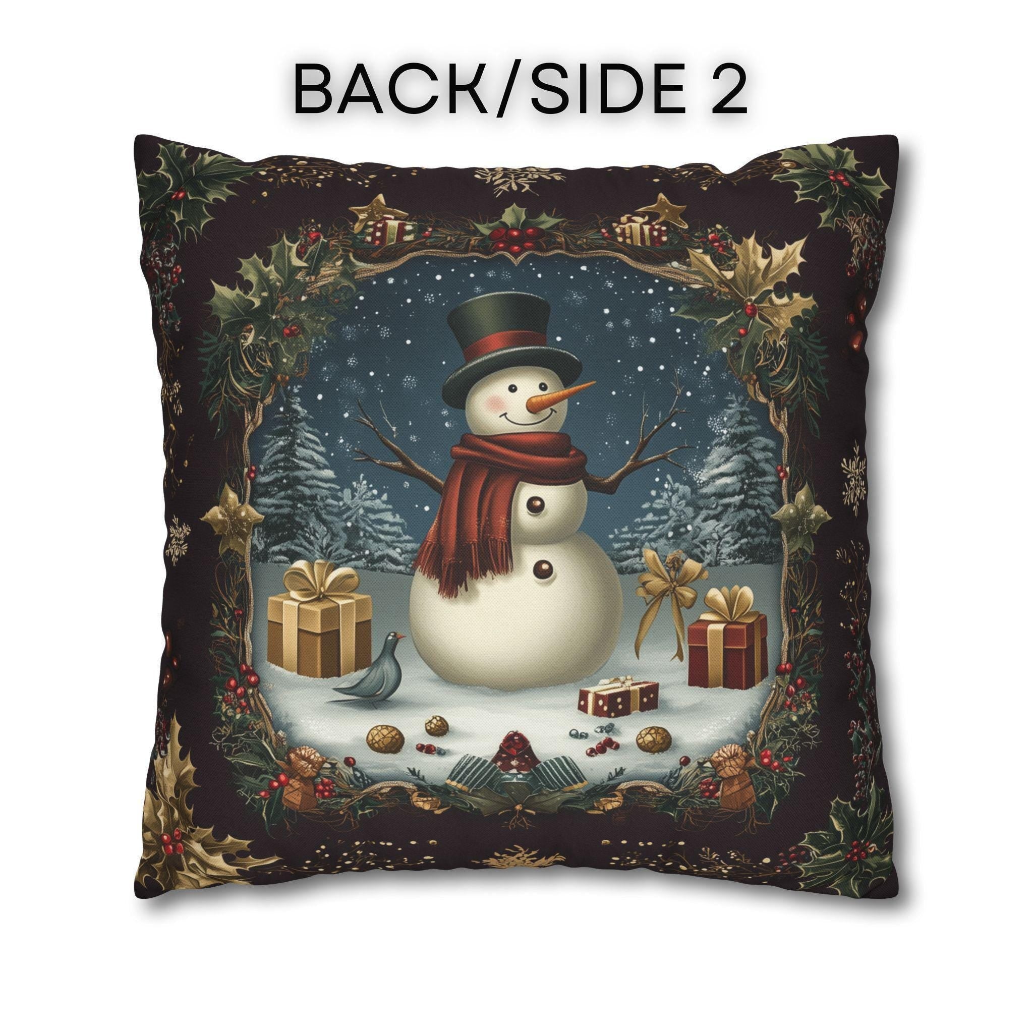 Vintage Style Holiday Pillow Cover: Burgundy and Gold Christmas Snowman Design