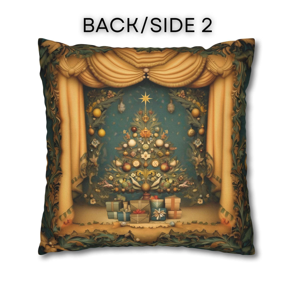 Vintage Art Nouveau Christmas Pillow Cover: Theatrical Tree, Golden Curtains, and Wrapped Gifts