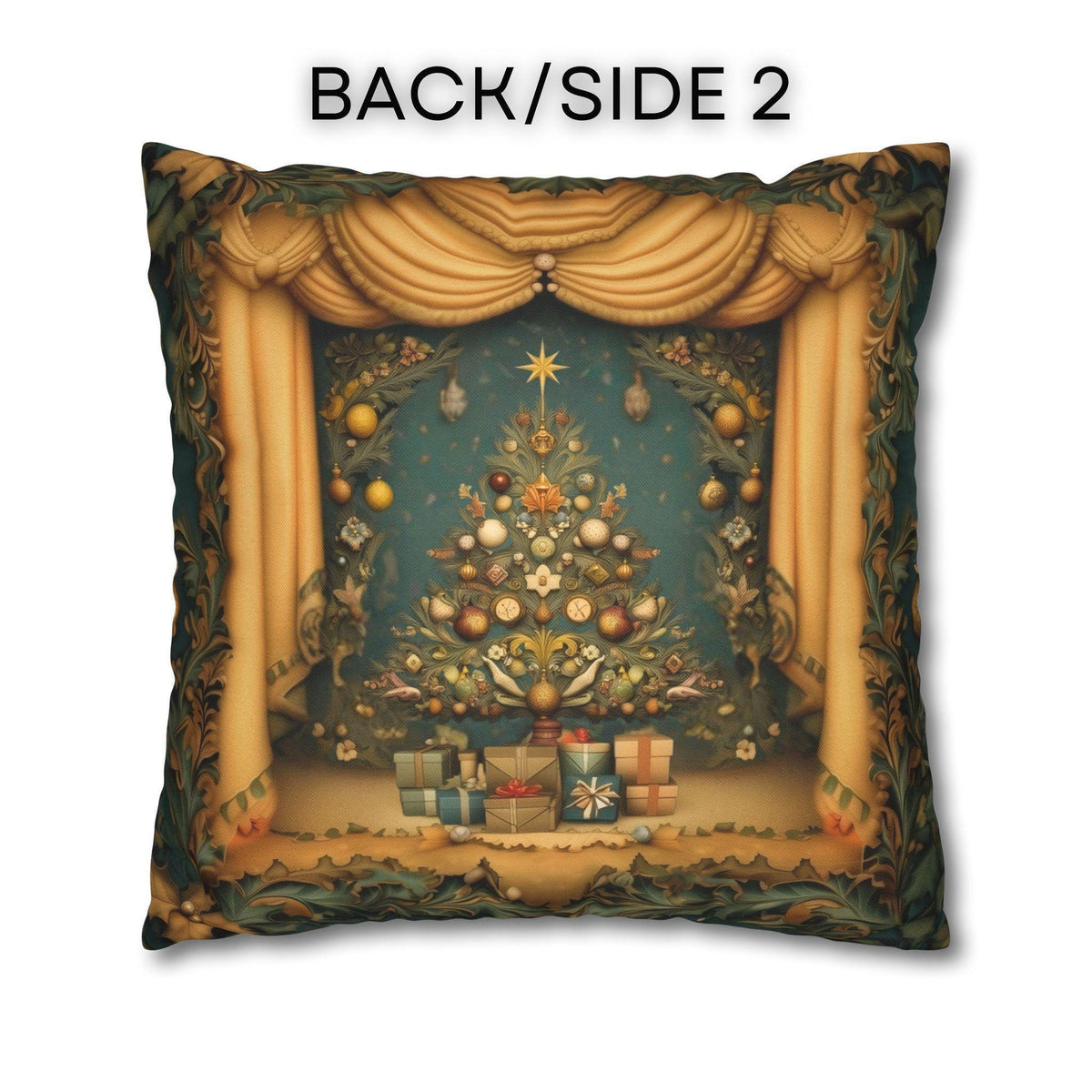 Vintage Art Nouveau Christmas Pillow Cover: Theatrical Tree, Golden Curtains, and Wrapped Gifts