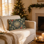 a cozy living room with a white sofa adorned with a decorative pillow featuring a floral design. In the background, a lit Christmas tree and a fireplace create a warm and festive atmosphere.