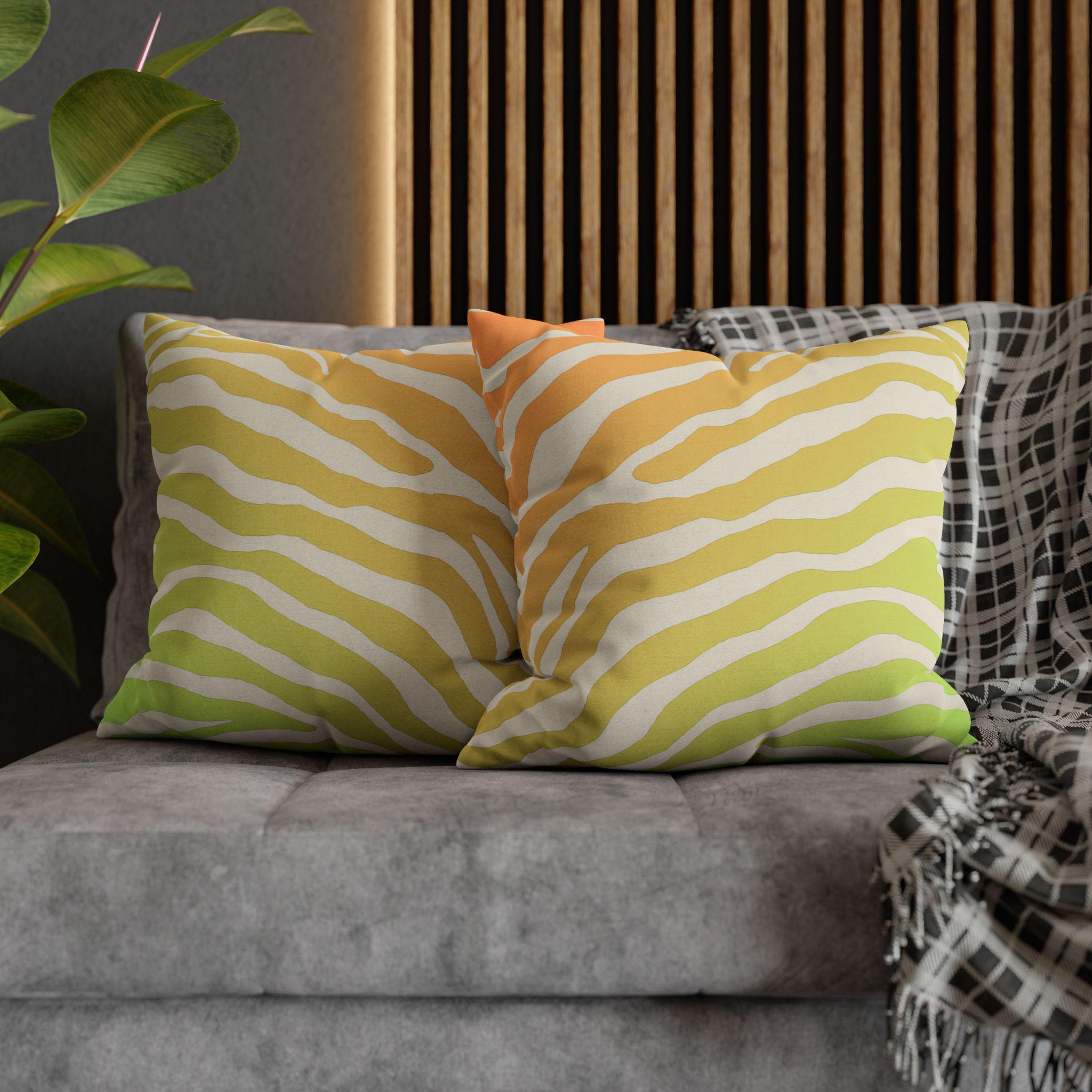 Vibrant Zebra Stripe Pillow Cover: Orange-Lime Gradient Safari Decor for Modern Living Spaces