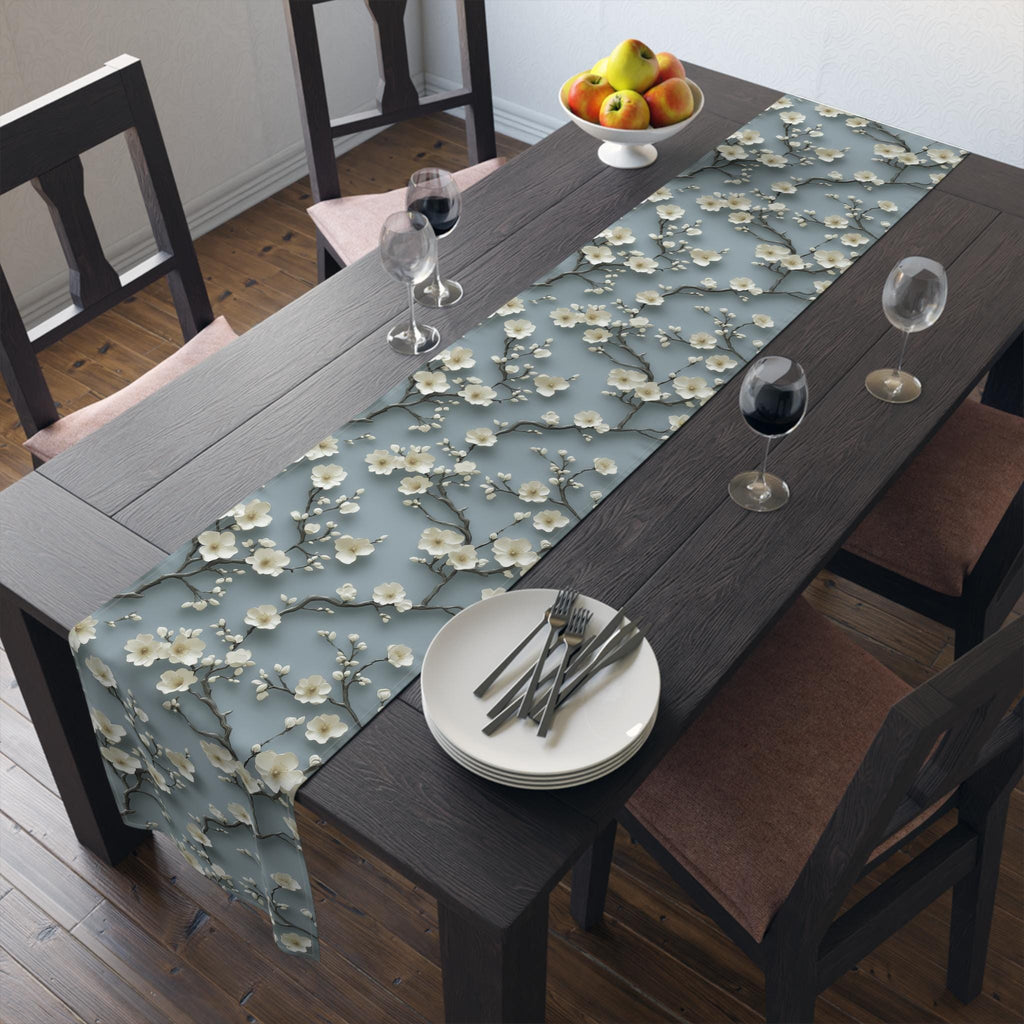 Elegant Chinoiserie Table Runner: Blue-Teal Gradient Cherry Blossom Design for Modern Dining Decor