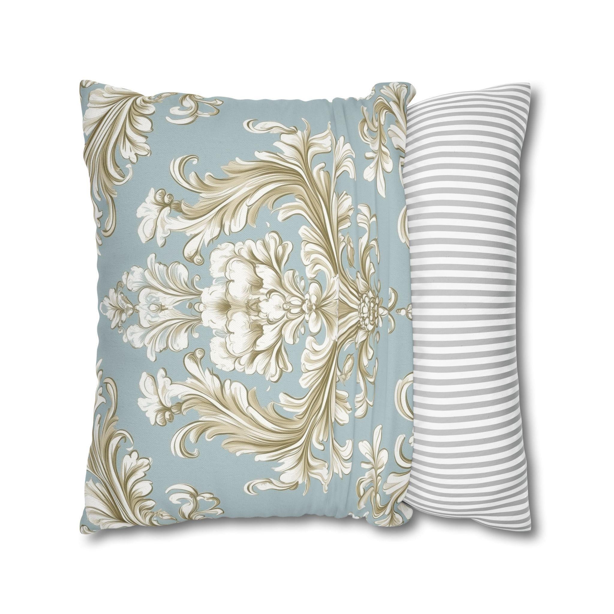 Elegant Baroque Floral Pillowcase: Champagne & Gold on Powder Blue - Luxurious Home Decor Gift