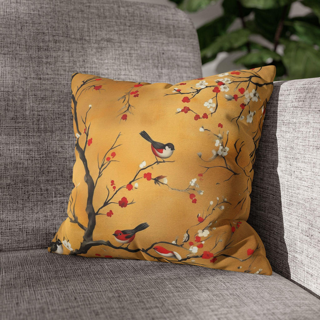 Chinoiserie Pillow Cover: Gold, Red Blossoms & Birds - Asian Decor