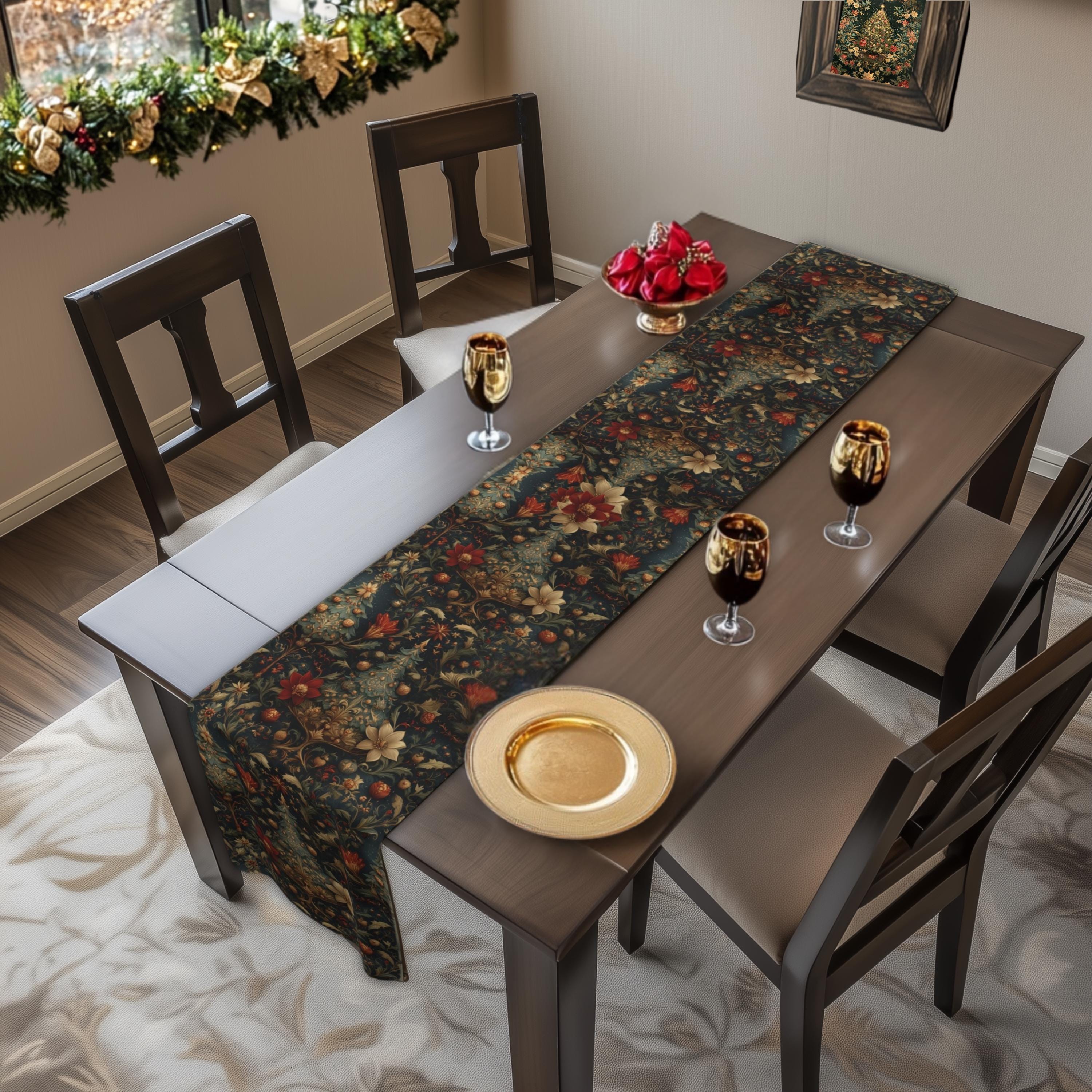 Intricate Christmas Table Runner: William Morris Holiday Botanical Pattern, Dark Red & Gold