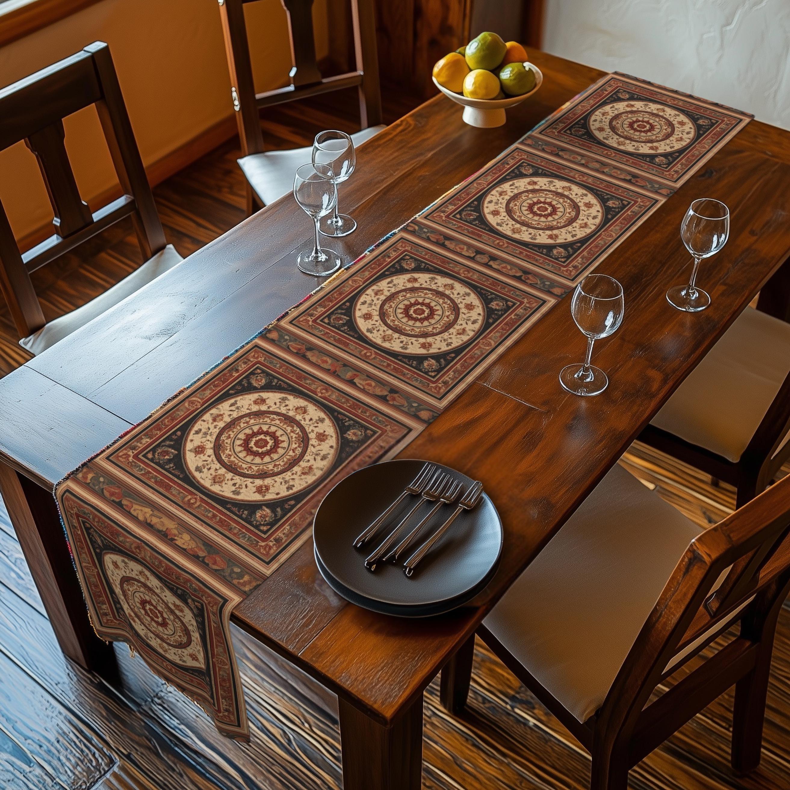 Persian Table Runner: Inspired by Antique Medallion Rug Design in Warm Rust and Cream