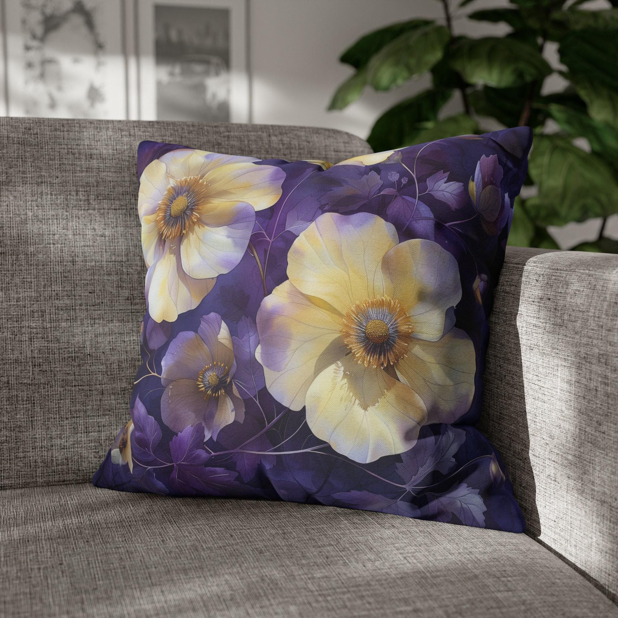 Floral Pillow Cover, Cream Yellow Pansies, Purple Botanical Print
