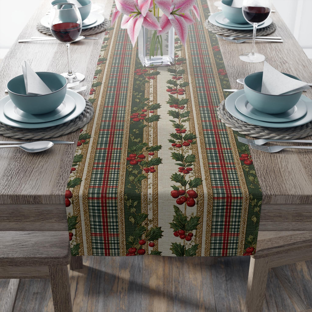 Vintage Inspired Christmas Table Runner: Plaid, Holly, Berry Red (16" x 72"),(16"x90")