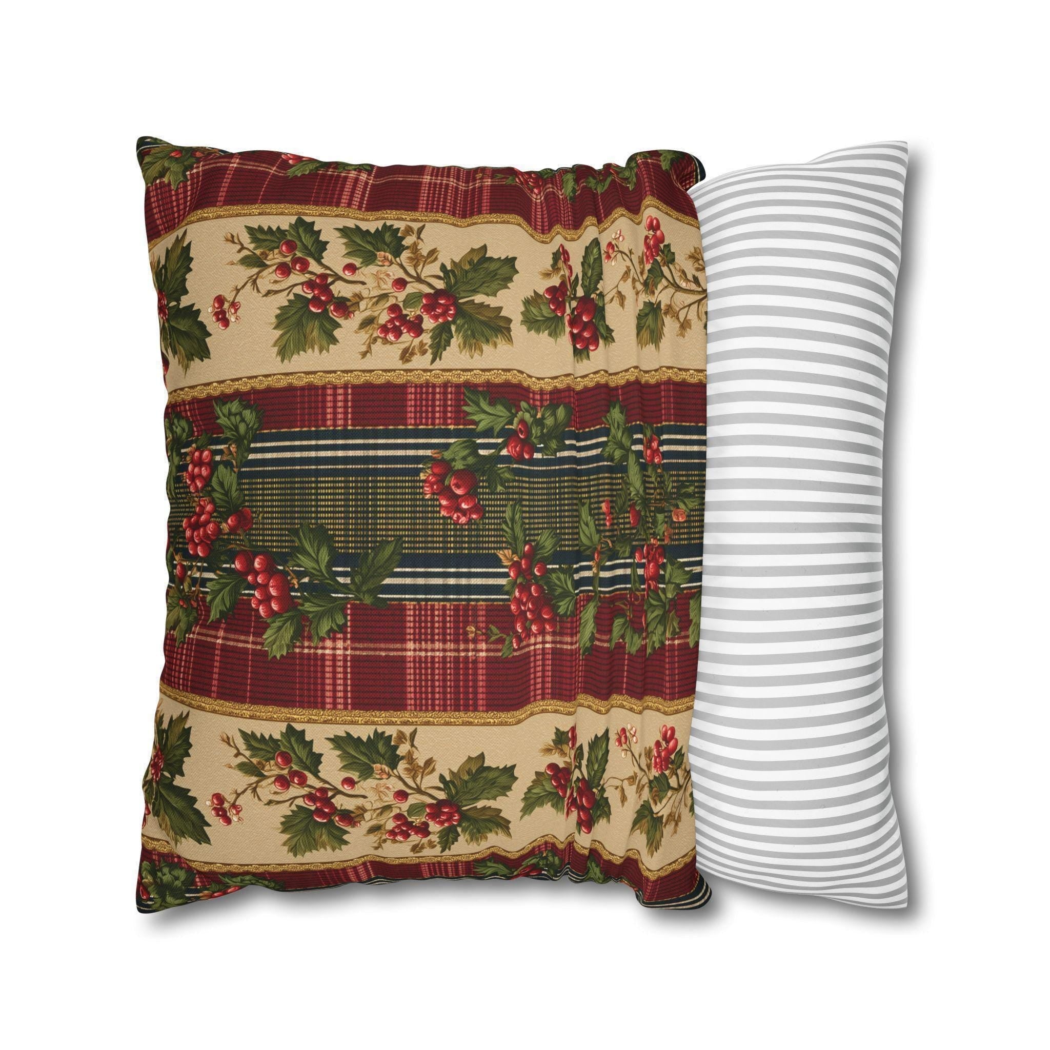 Christmas Pillow Cover: Classic Vintage Style Holly & Tartan Plaid in Red Green and Cream