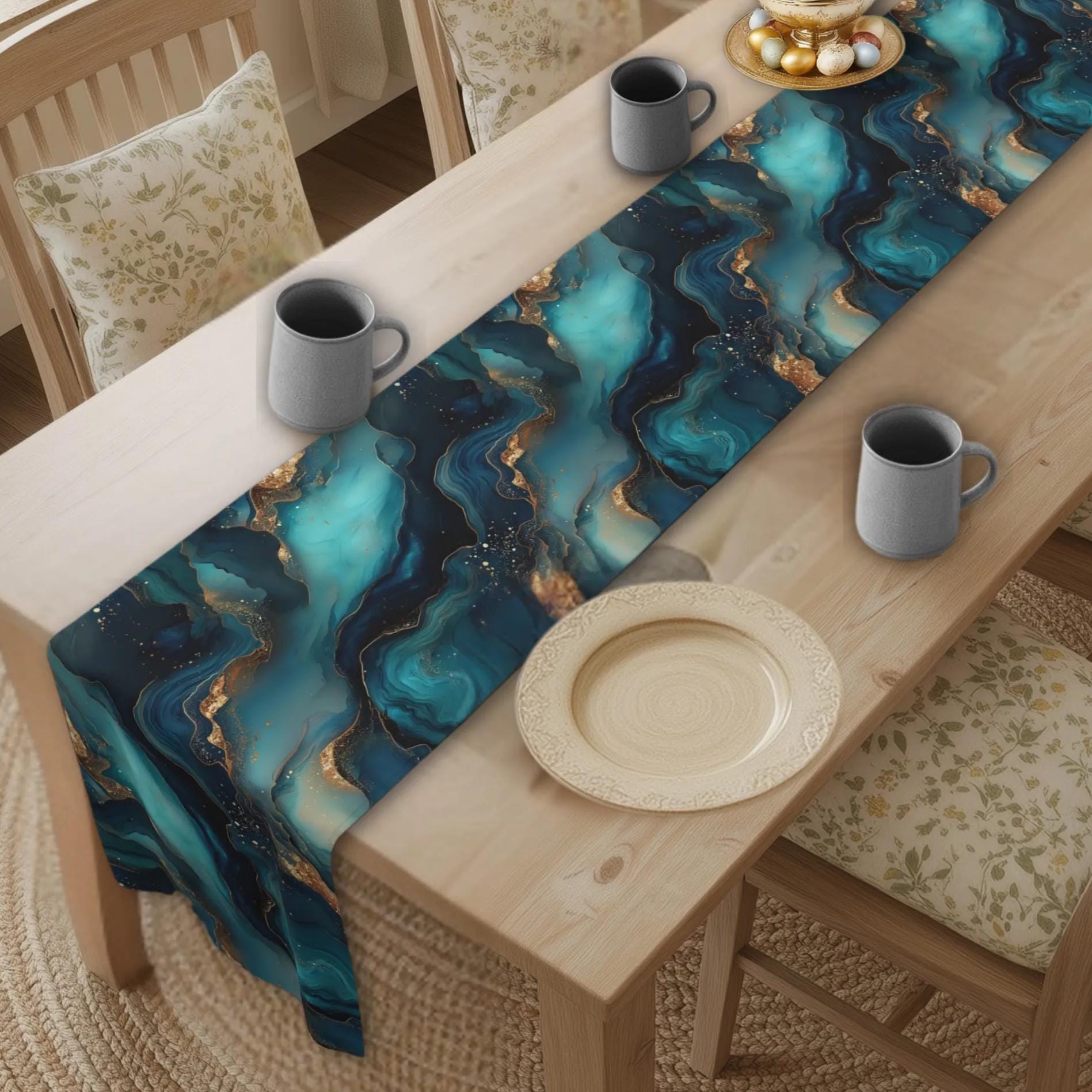 Modern Abstract Ocean Waves Table Runner: Teal, Navy and Gold Coastal Luxe Decor