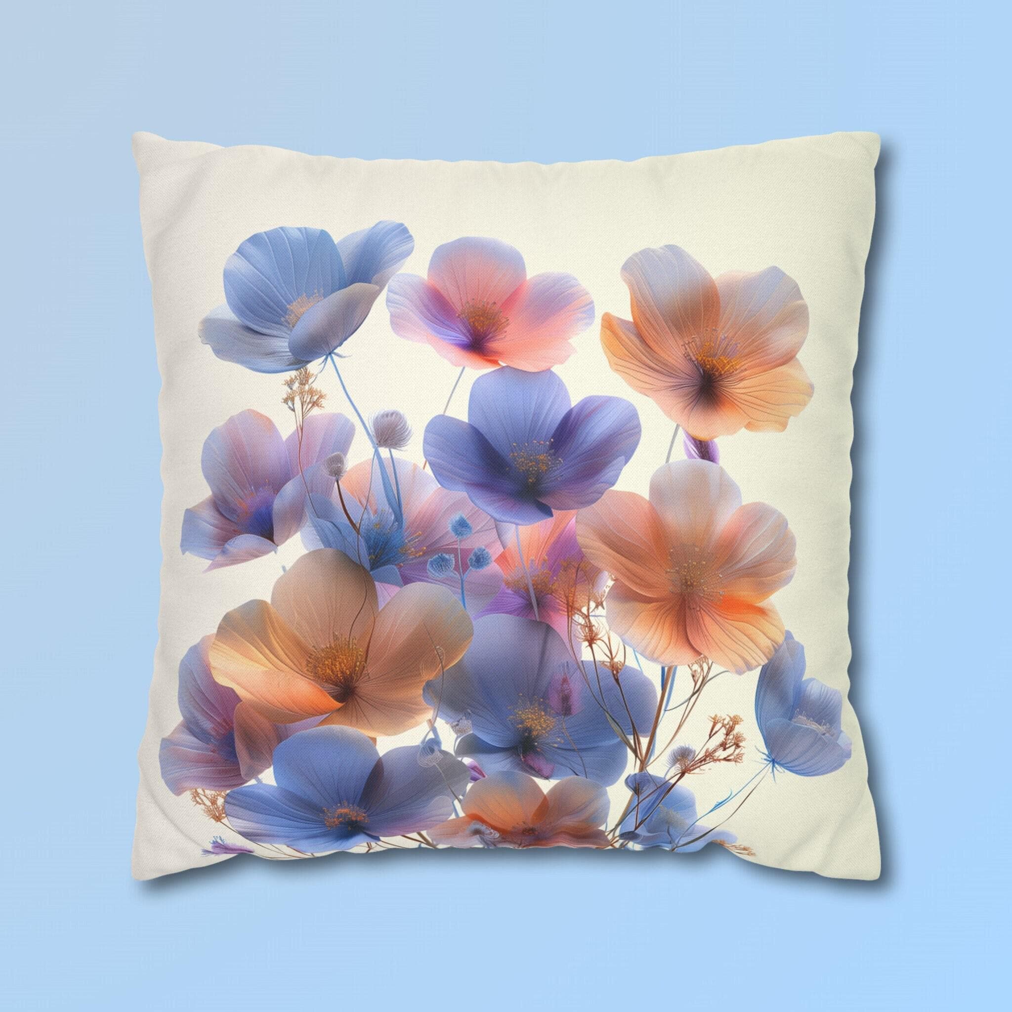 Watercolor Floral Throw Pillow Cover, Translucent Blossoms Decor