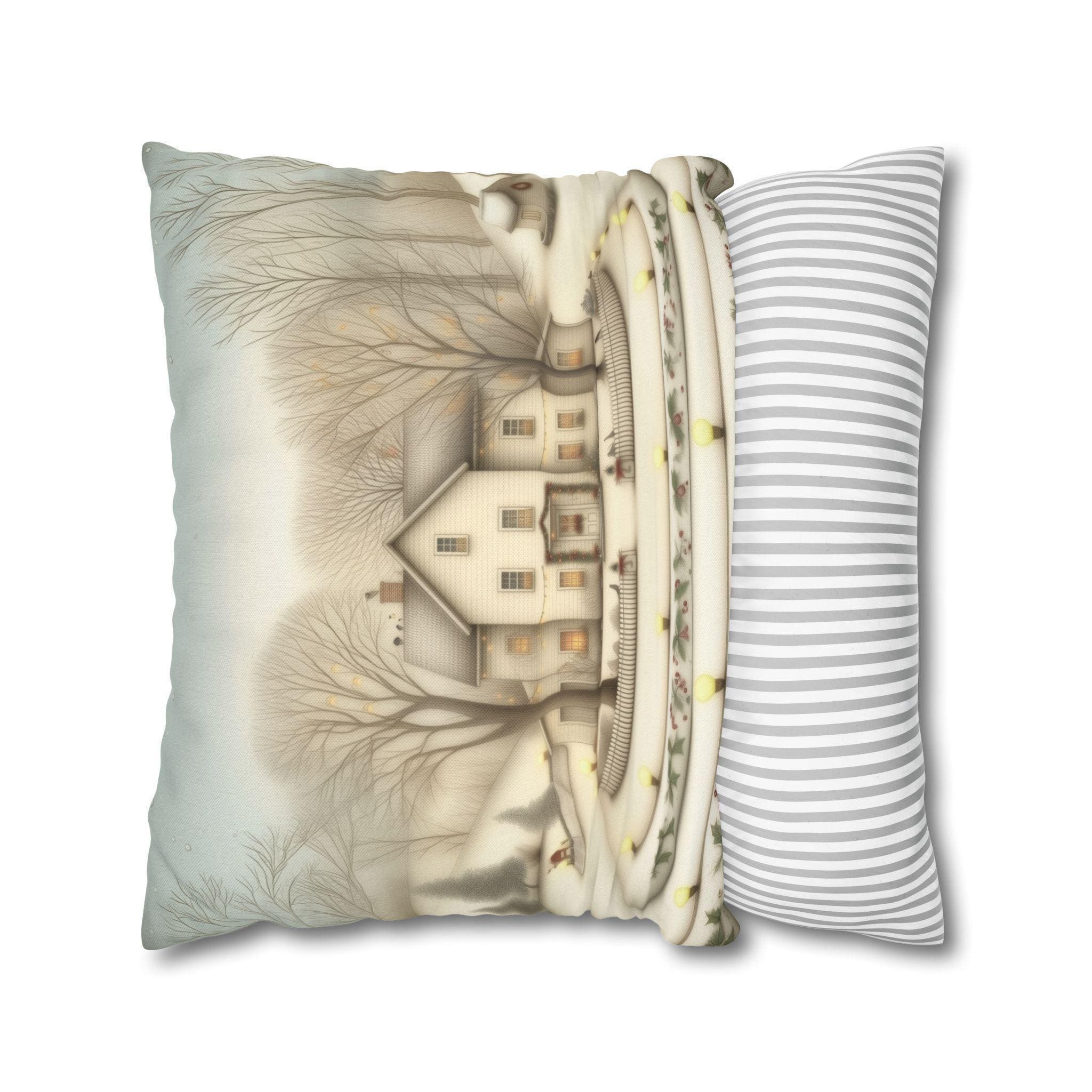 Country Farmhouse Christmas Pillow Cover: Vintage Style Winter Holiday Home Scene