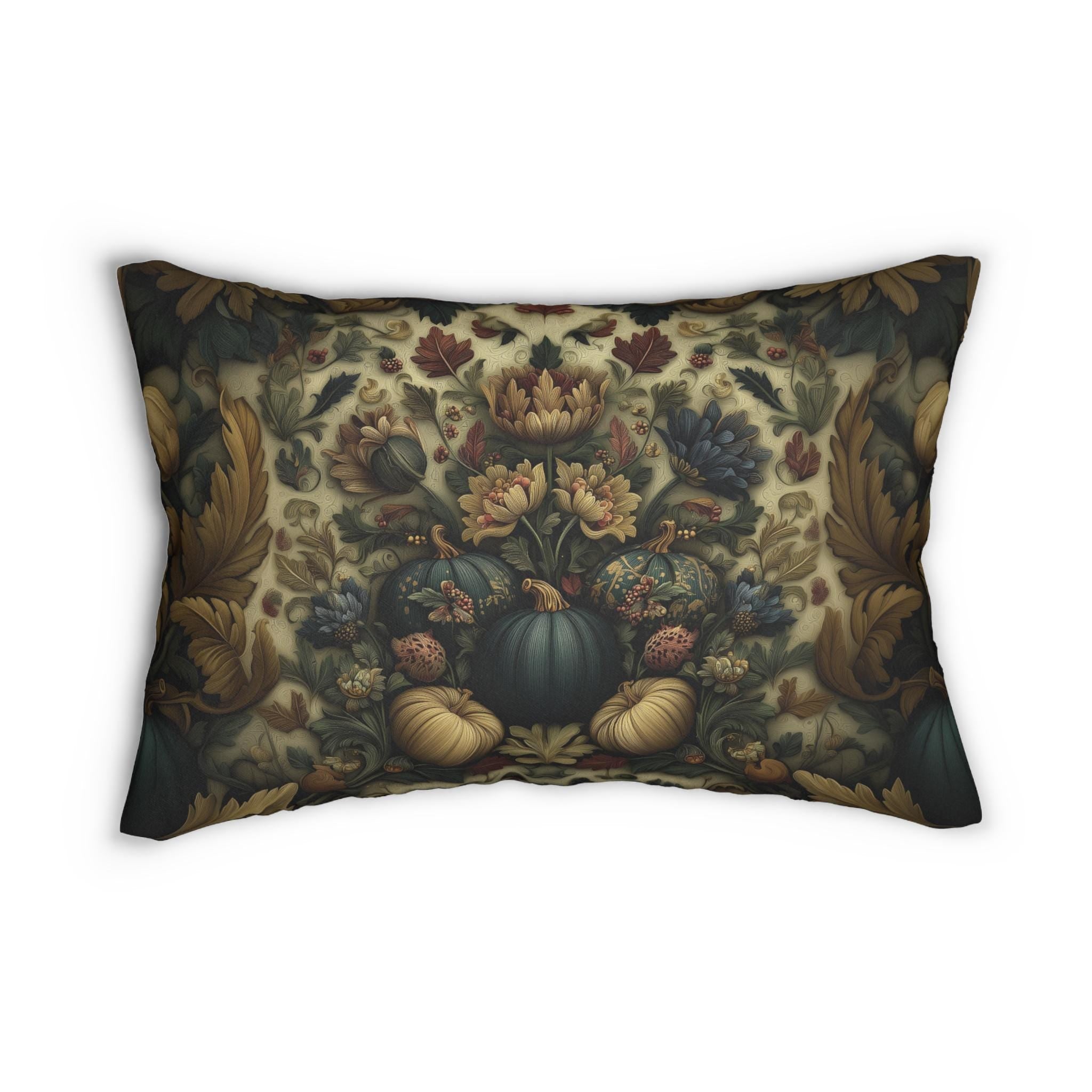 William Morris Inspired Autumn Lumbar Pillow: Blue Gold & Ivory Botanical Harvest Design
