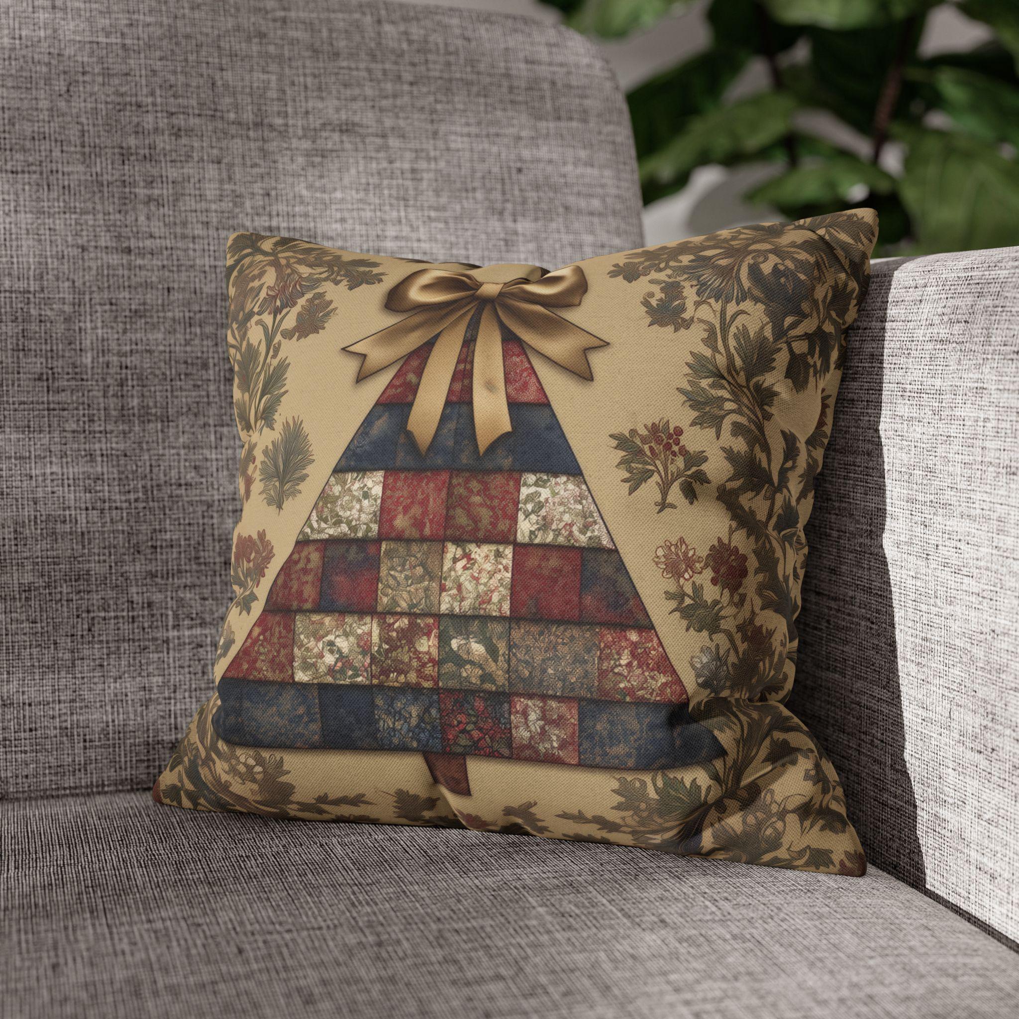 William Morris Christmas Tree Pillow Cover: Quilted Look Navy, Red & Gold Botanicals