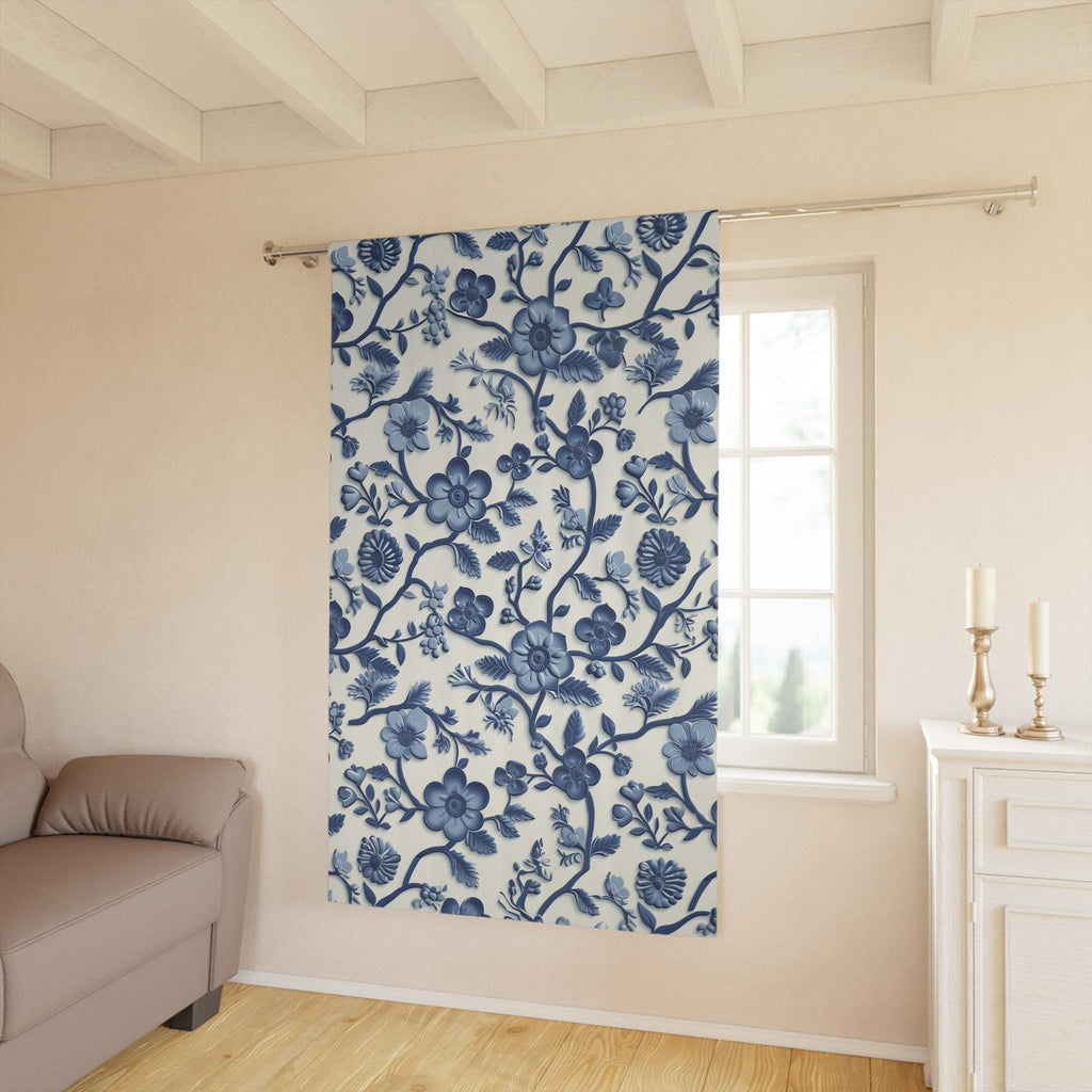 Elegant Chinoiserie Blue & White Blackout Curtain Panel - Traditional Pottery Pattern Window Drape