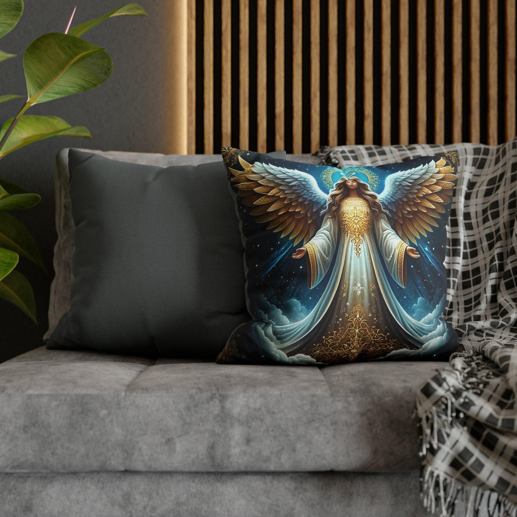 Angelic Christmas Pillow Cover: Golden Wings, Starlit Night Design