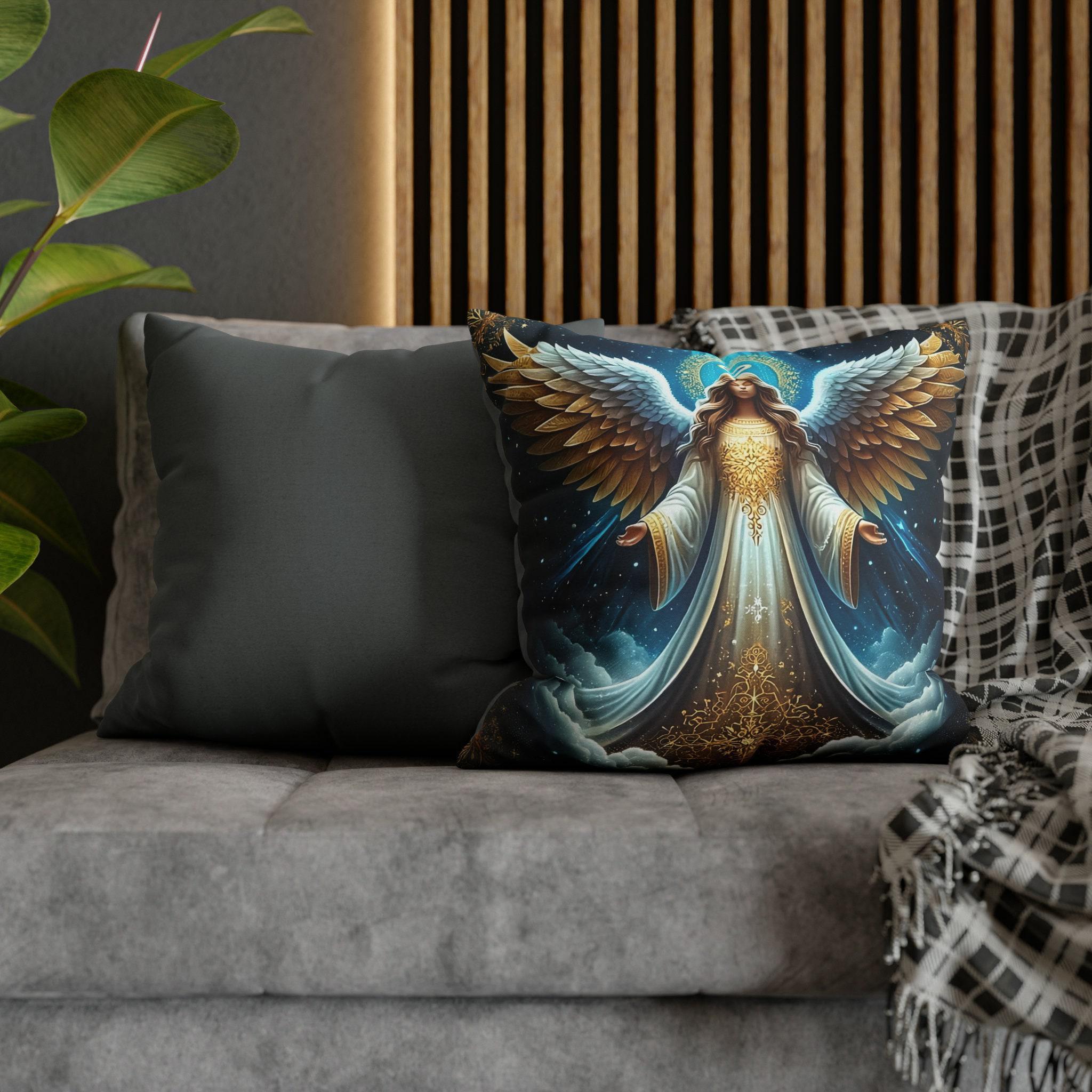 Angelic Christmas Pillow Cover: Golden Wings, Starlit Night Design