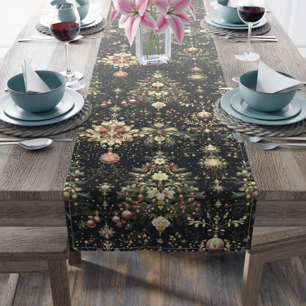 Christmas Tree Table Runner: Luxe Gold Red & Green on Deep Charcoal Holiday Table Decor