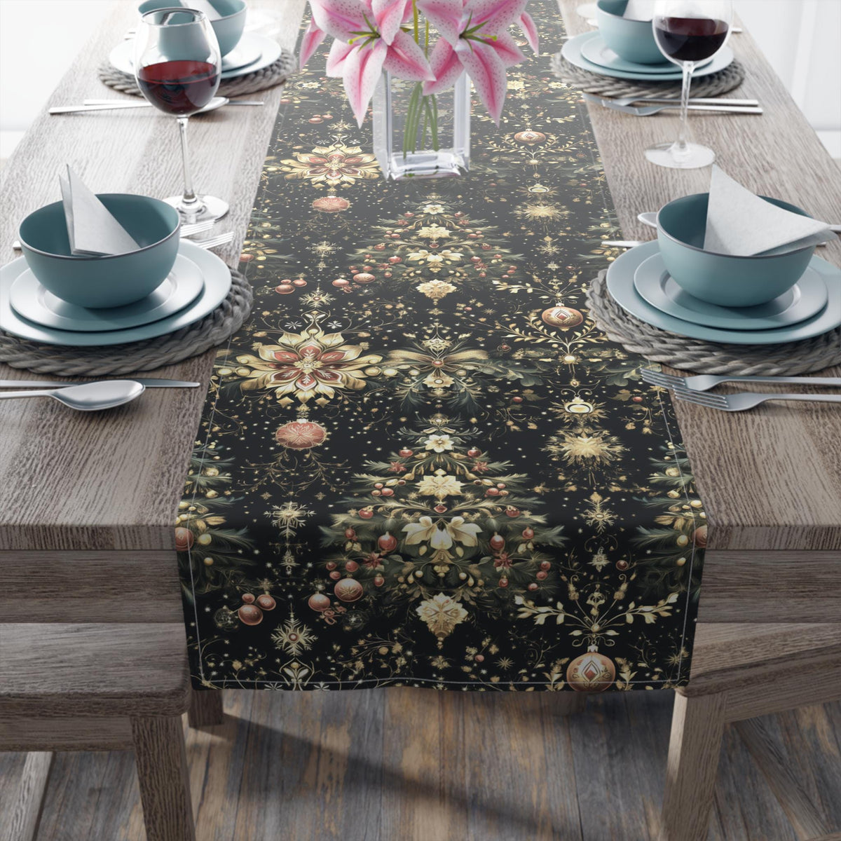 Christmas Tree Table Runner: Luxe Gold Red & Green on Deep Charcoal Holiday Table Decor