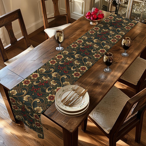 Art Nouveau Christmas Table Runner: Vintage Style Poinsettia, Gold and Green Holiday Dining Decor
