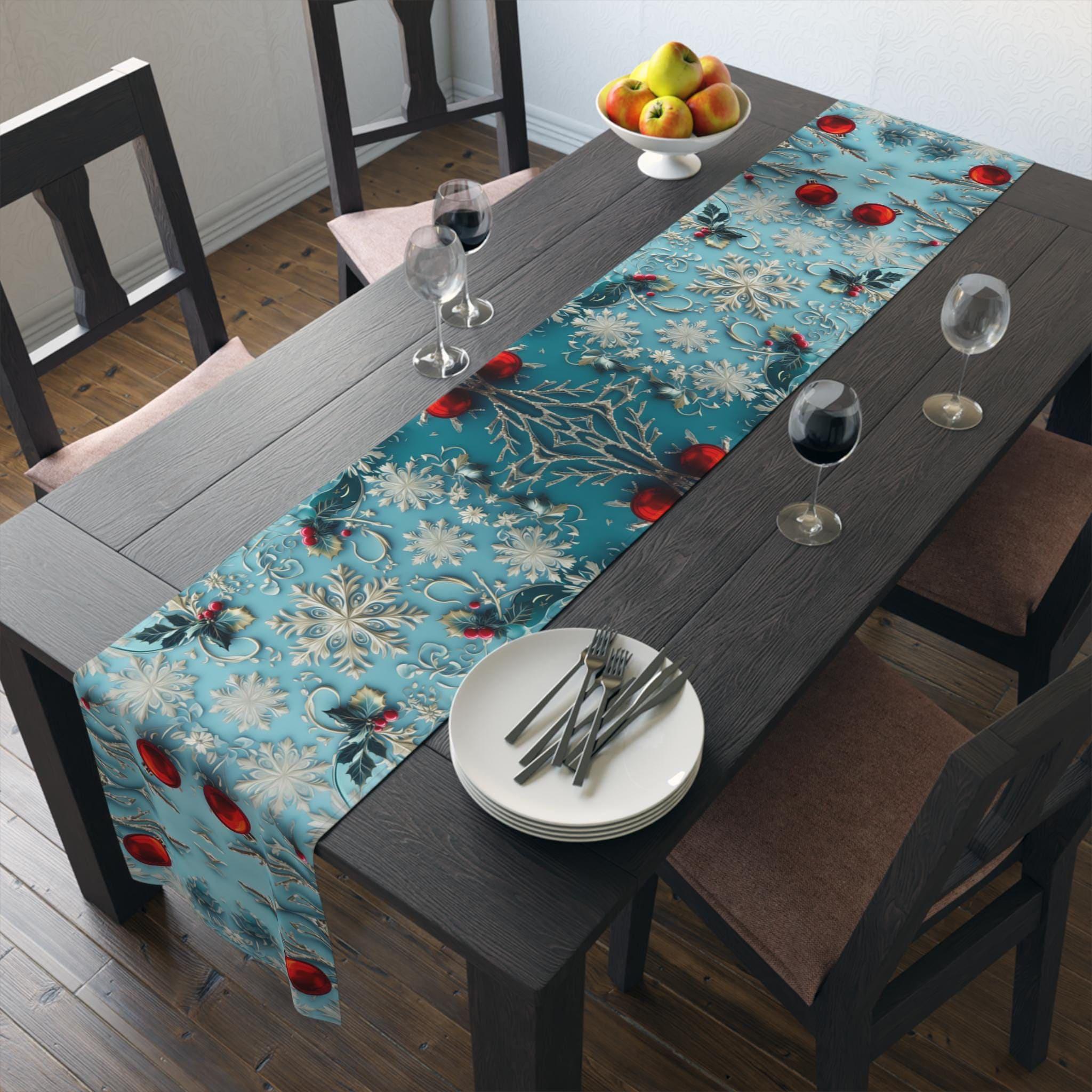 Winter Wonderland Table Runner Blue Aqua & Red Christmas Dining Holiday Centerpiece Festive Design