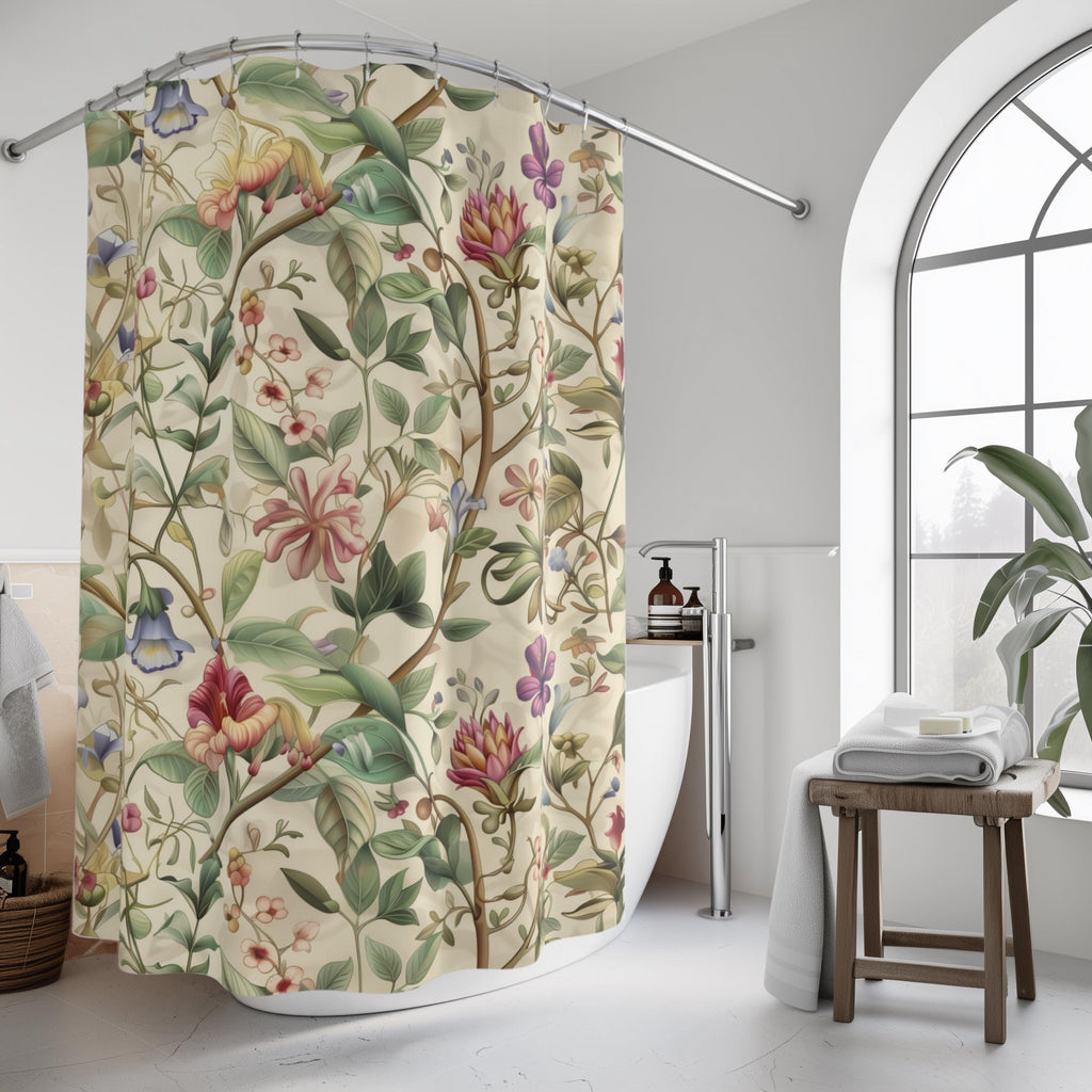 William Morris Shower Curtain: Vintage Botanical Vine and Floral Design on Cream Background