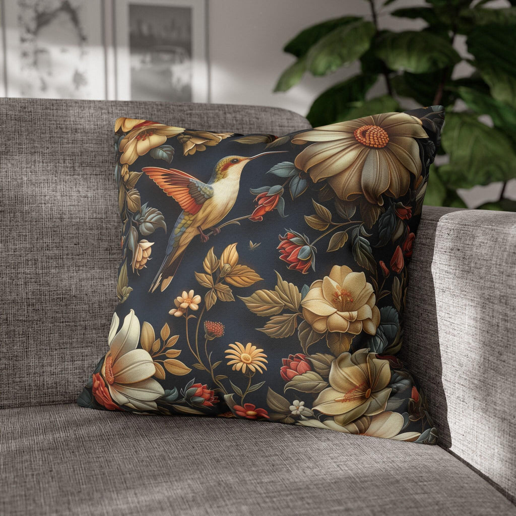 Elegant William Morris Inspired Hummingbird Floral Pillow Cover - Navy Background Art Lover Gift