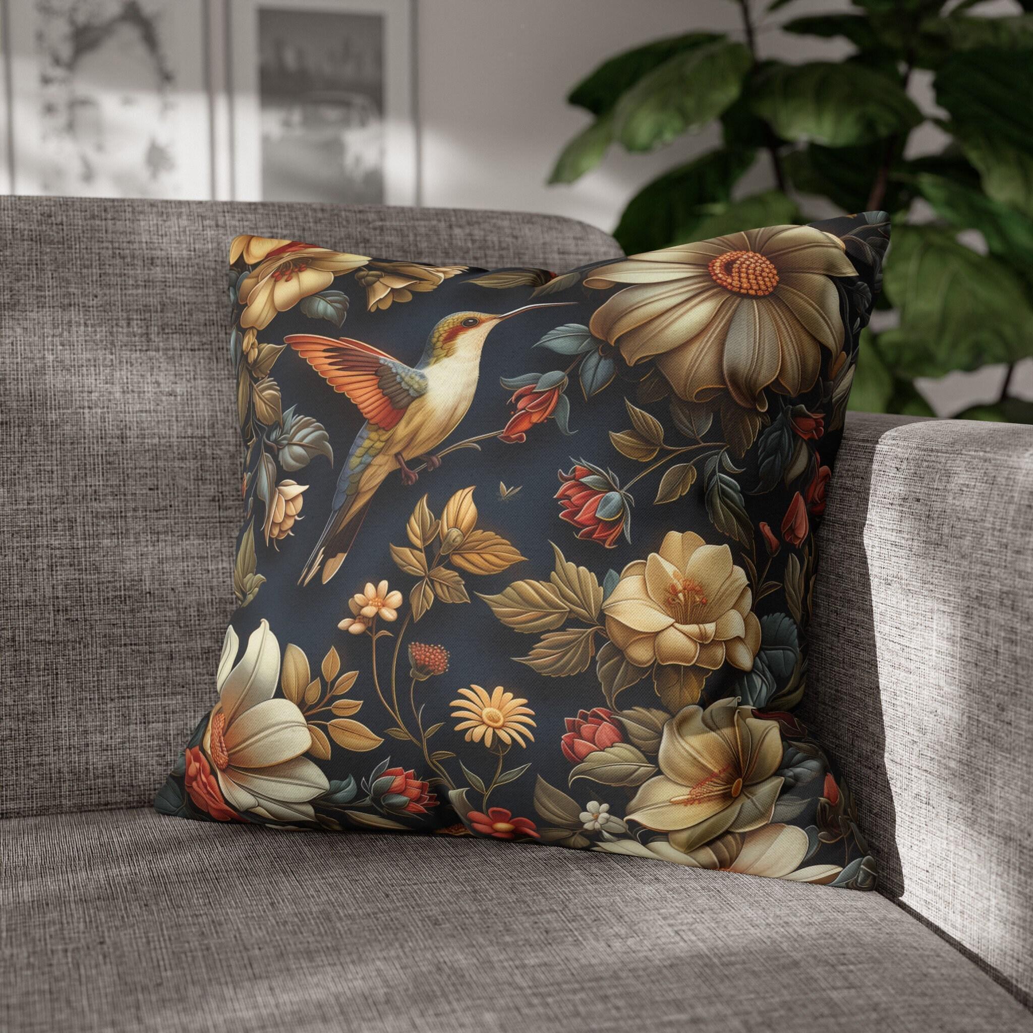 Elegant William Morris Inspired Hummingbird Floral Pillow Cover - Navy Background Art Lover Gift