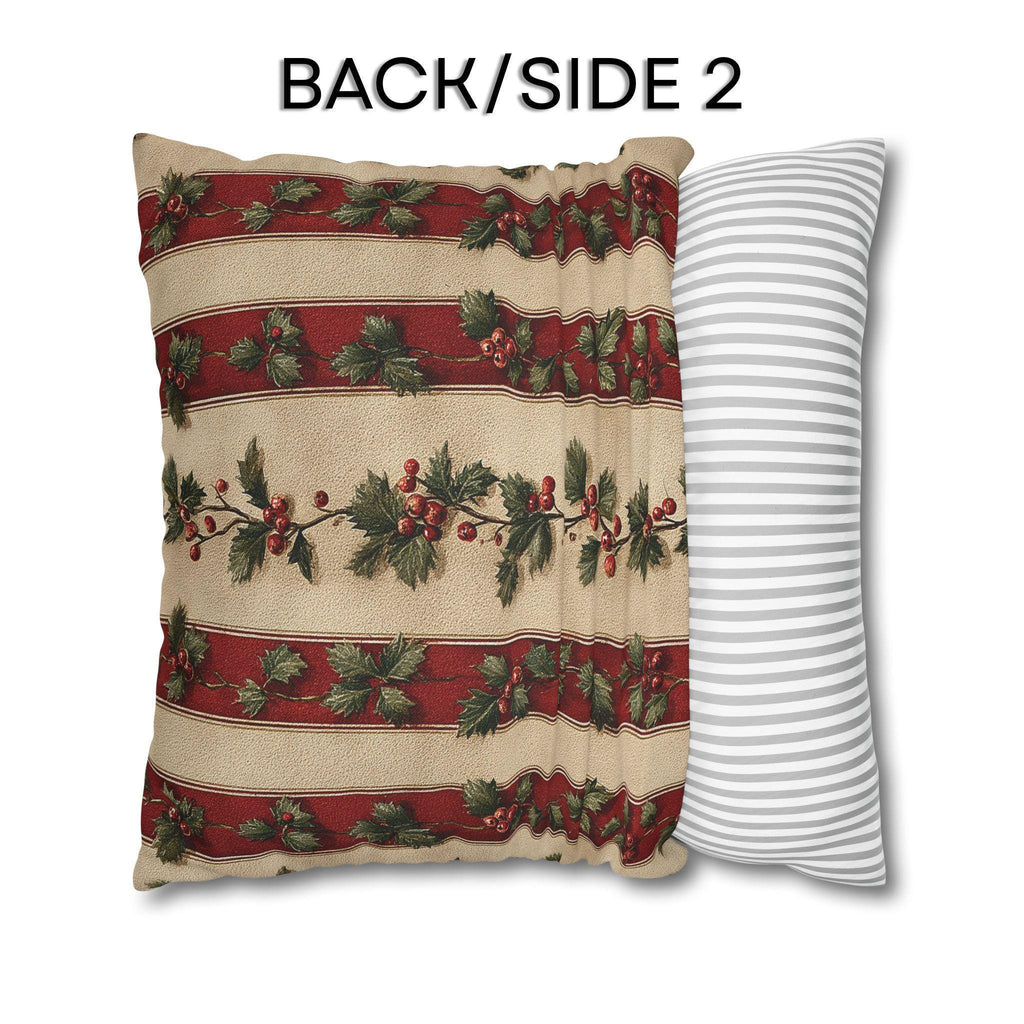 Striped Holly Christmas Pillow Cover: Red, Green, Cream Holiday Botanical Winter Decor