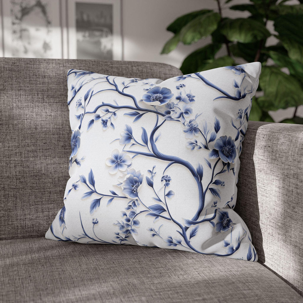 Elegant Chinoiserie Pillowcase: Blue & White Floral Cushion Cover Inspired by Vintage Chinese Porcelain Art