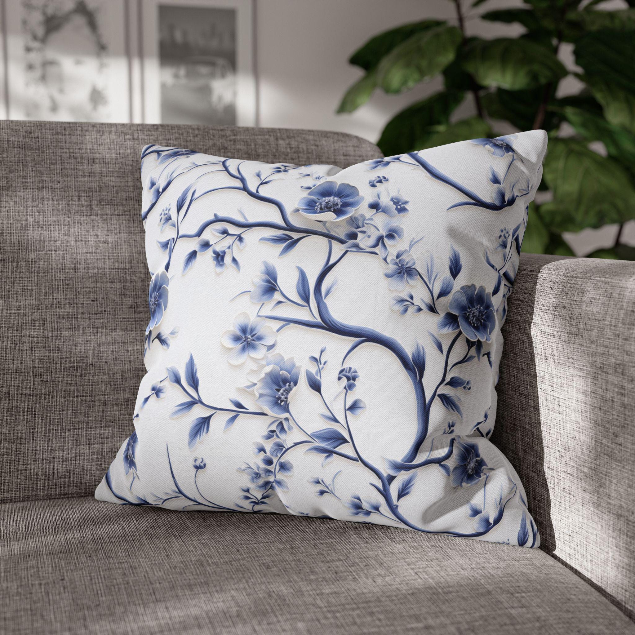 Elegant Chinoiserie Pillowcase: Blue & White Floral Cushion Cover Inspired by Vintage Chinese Porcelain Art