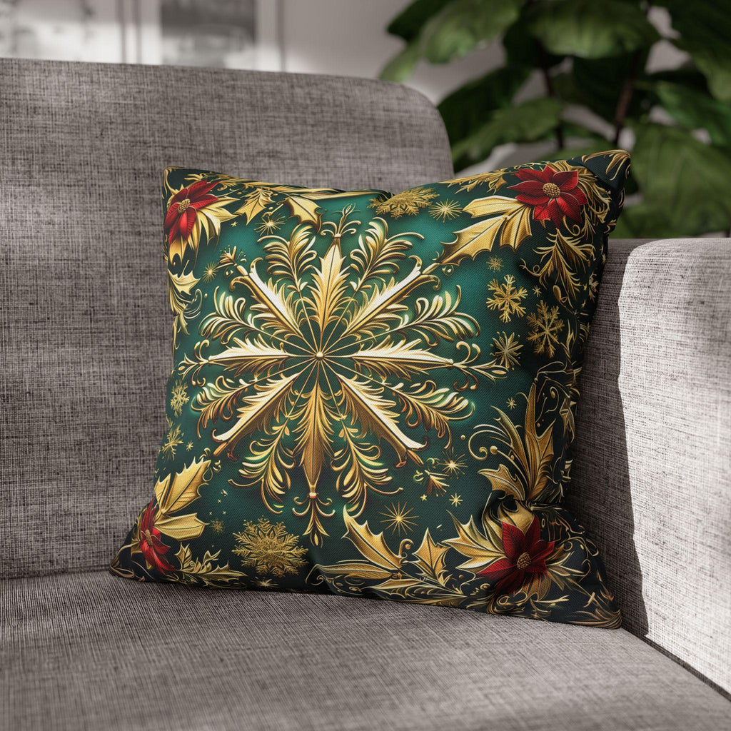 Christmas Snowflake Pillow Cover, Elegant Emerald Green and Gold Design, Luxury Cushion Cover