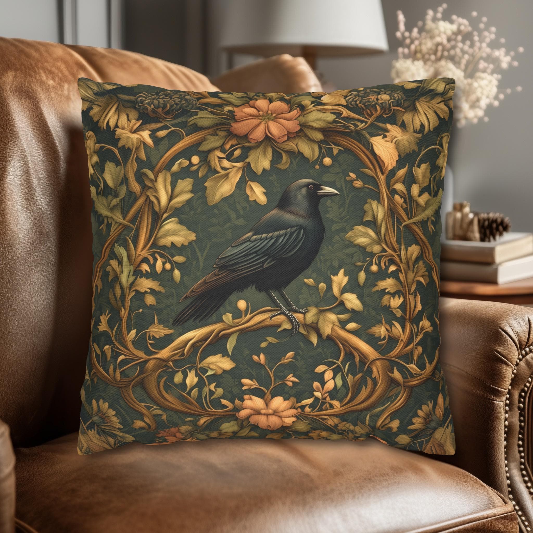 Autumn Crow Pillow Cover: Moody Botanical Fall & Halloween Decor