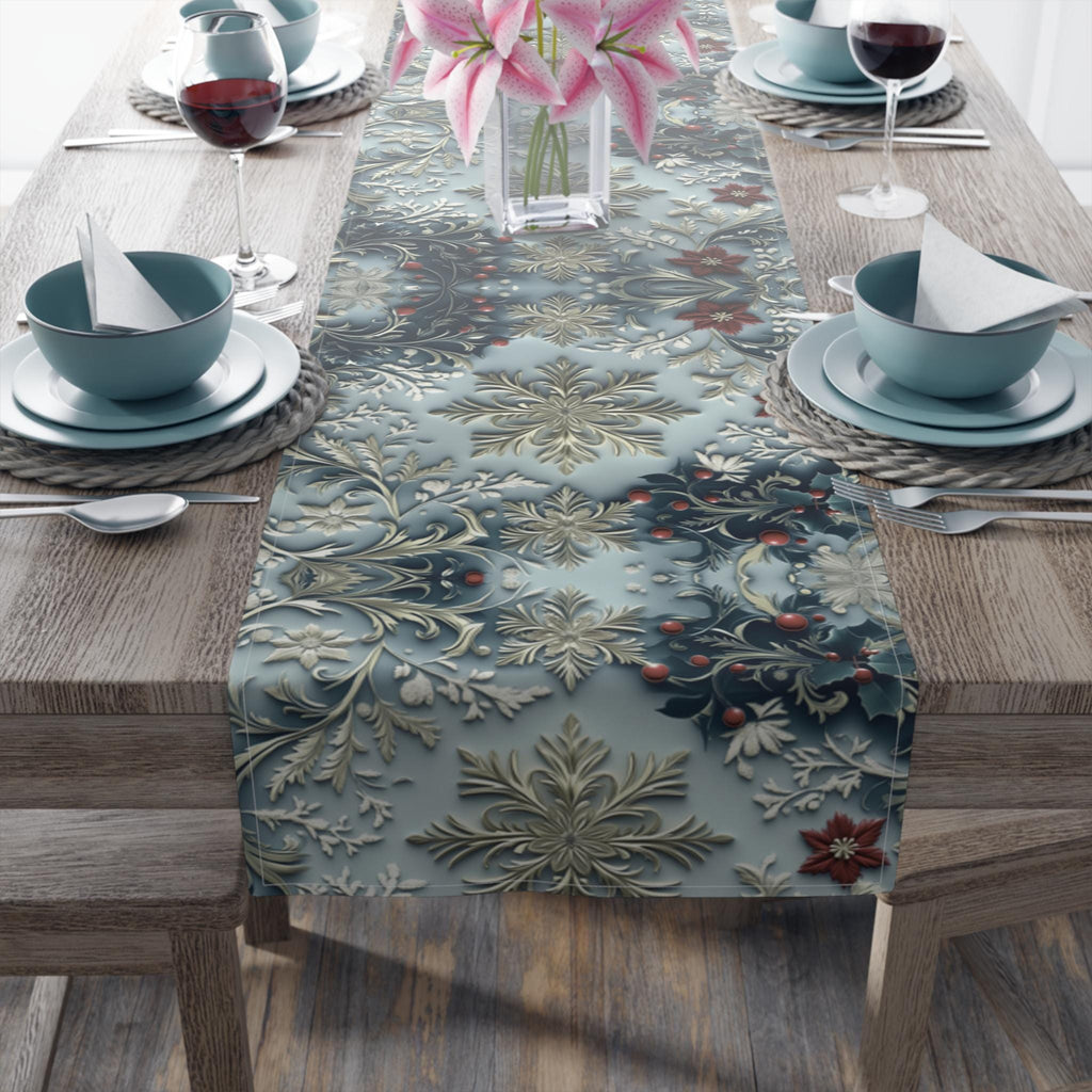 Elegant Blue Chinoiserie Christmas Table Runner: Snowflake & Holly Design for Holiday Dining Decor