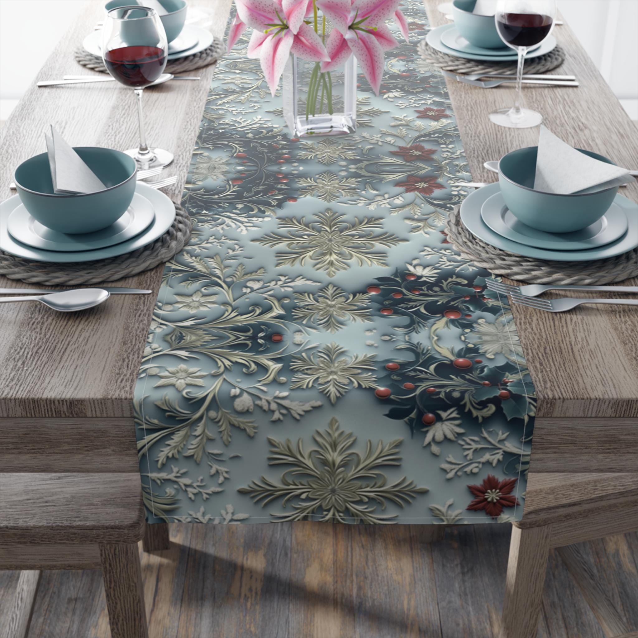 Elegant Blue Chinoiserie Christmas Table Runner: Snowflake & Holly Design for Holiday Dining Decor