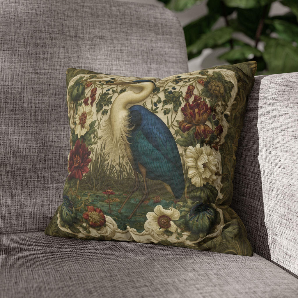 William Morris Style Heron Pillow Cover: Botanical Marsh Floral Art