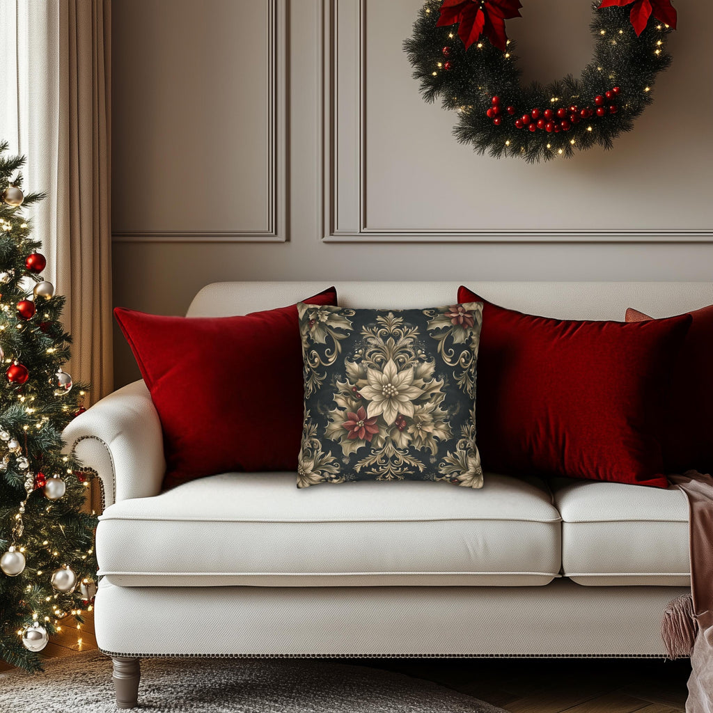 Vintage Style William Morris Christmas Pillow Cover: Poinsettia & Holly on Charcoal Cushion