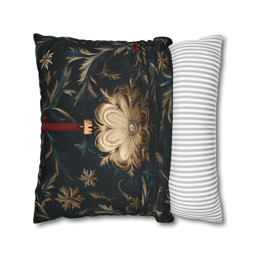 Elegant Navy & Gold Christmas Pillow Cover with Red Berries