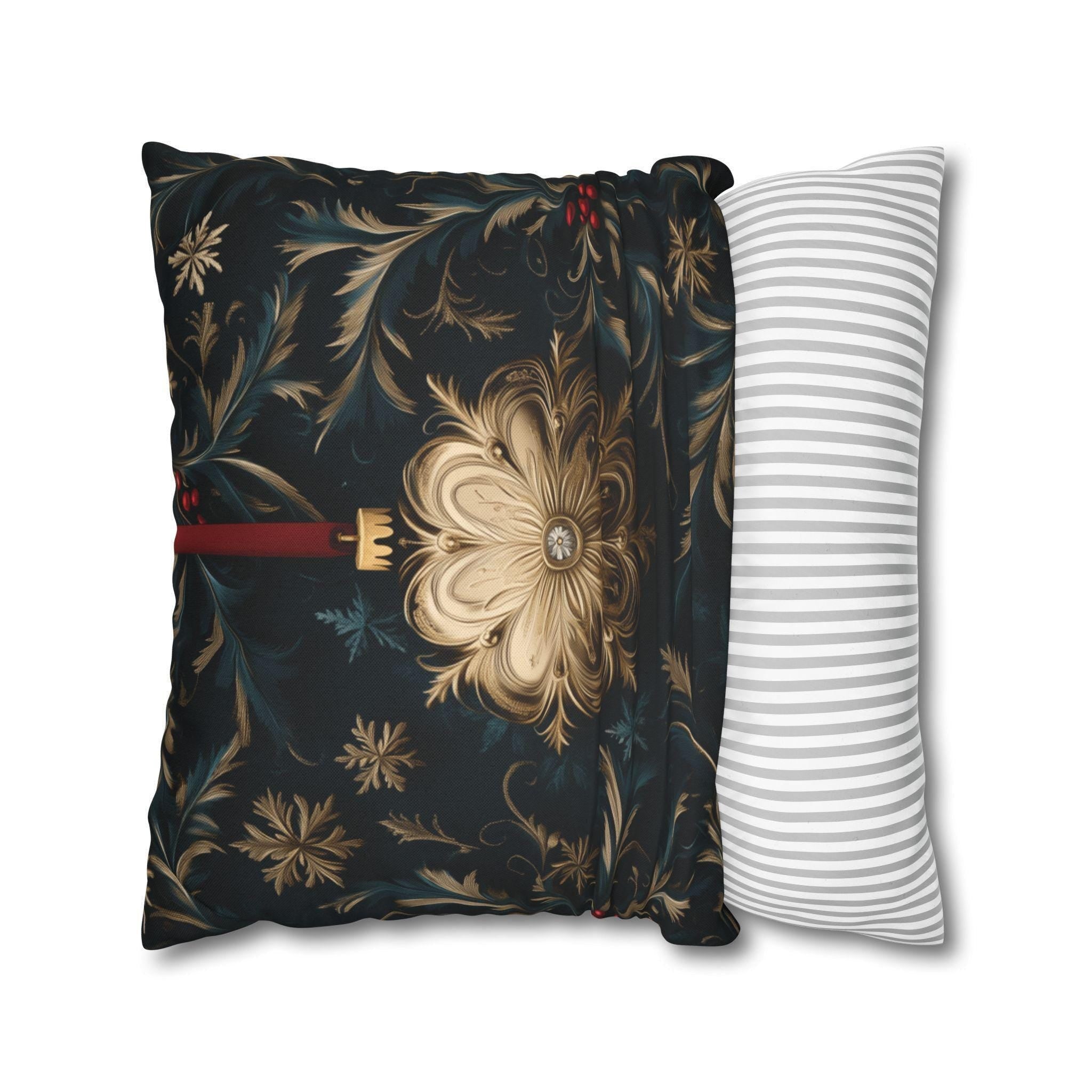 Elegant Navy & Gold Christmas Pillow Cover with Red Berries
