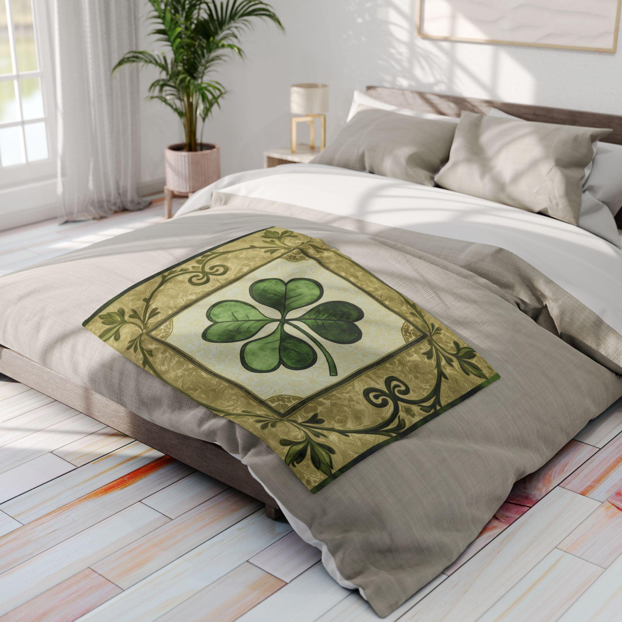 St Patrick's Day Celtic Fleece Blanket: Four Leaf Clover Paisley Throw for Cozy Home Decor
