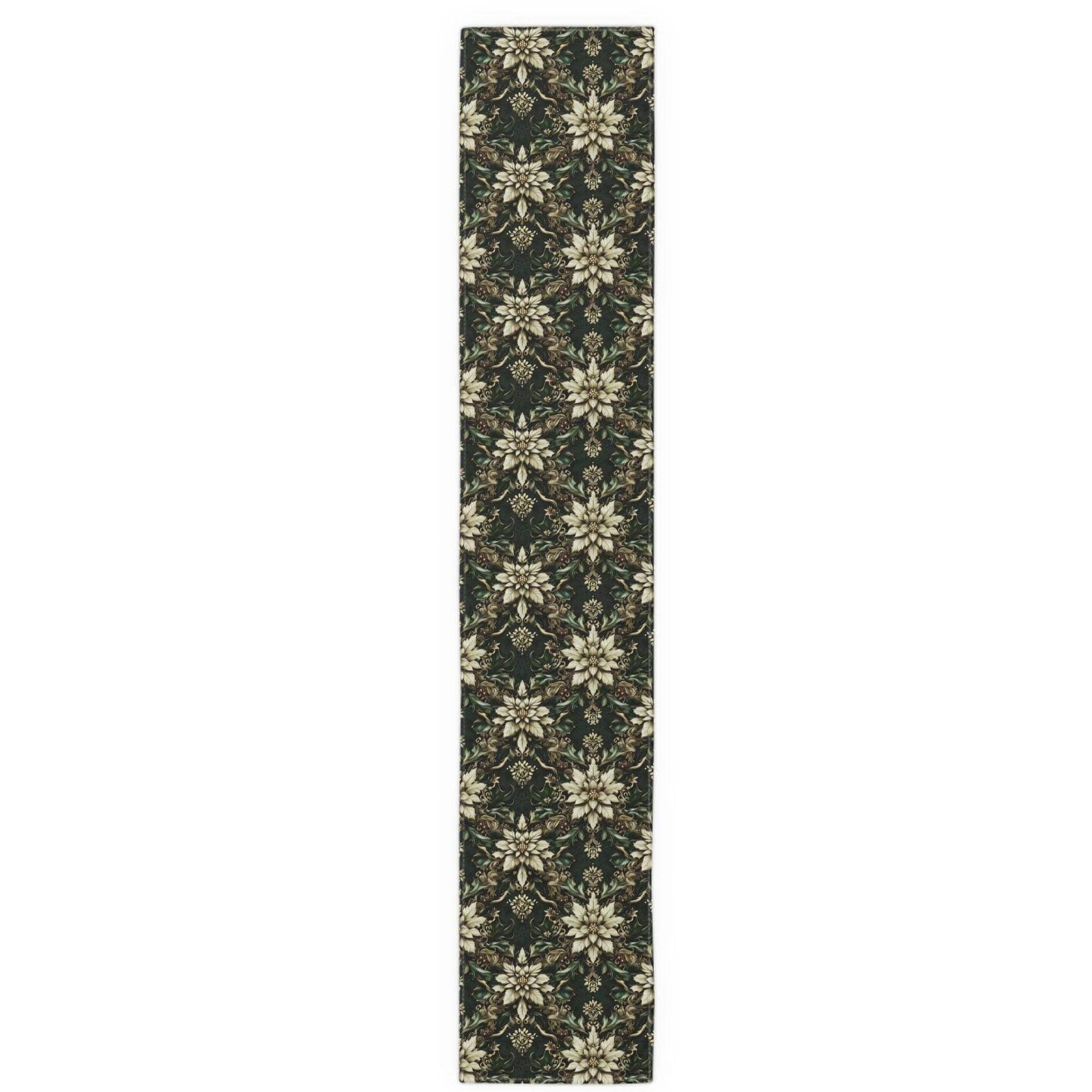 Holiday Poinsettia Table Runner,  Christmas Dining Decor in Red, Green, Gold & Creamy Beige