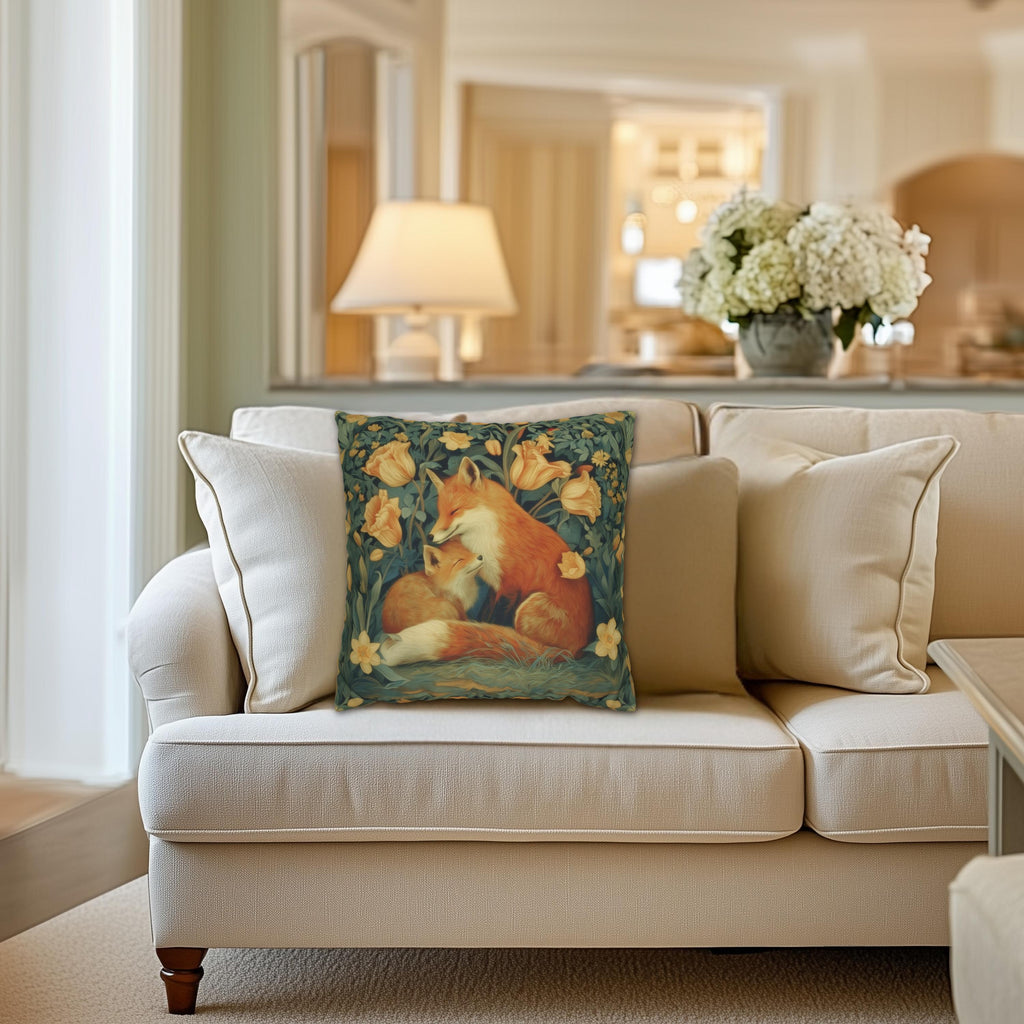 Mother's Bond Fox Pillow Cover: William Morris Inspired Woodland Botanical