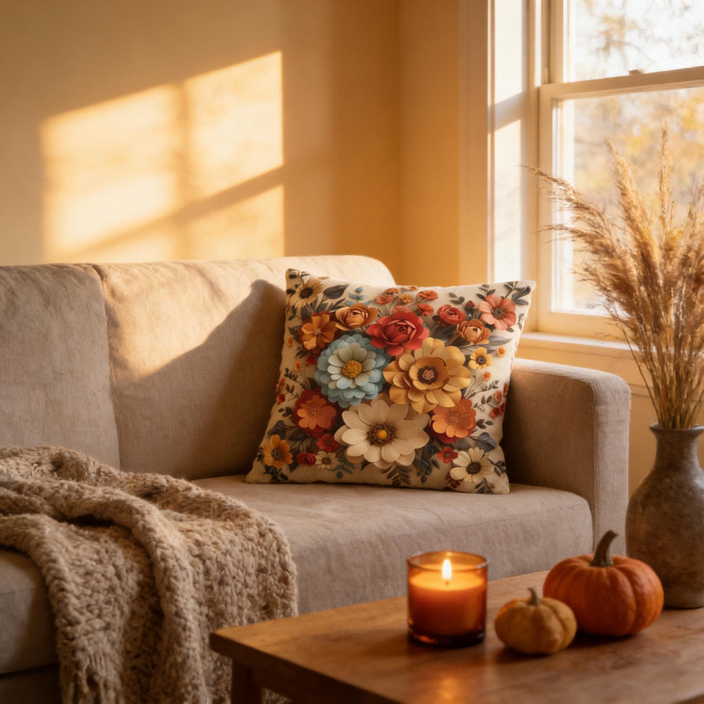 Autumn Floral Pillow Cover, Fall Flowers on Beige (14x14 to 20x20 inches)