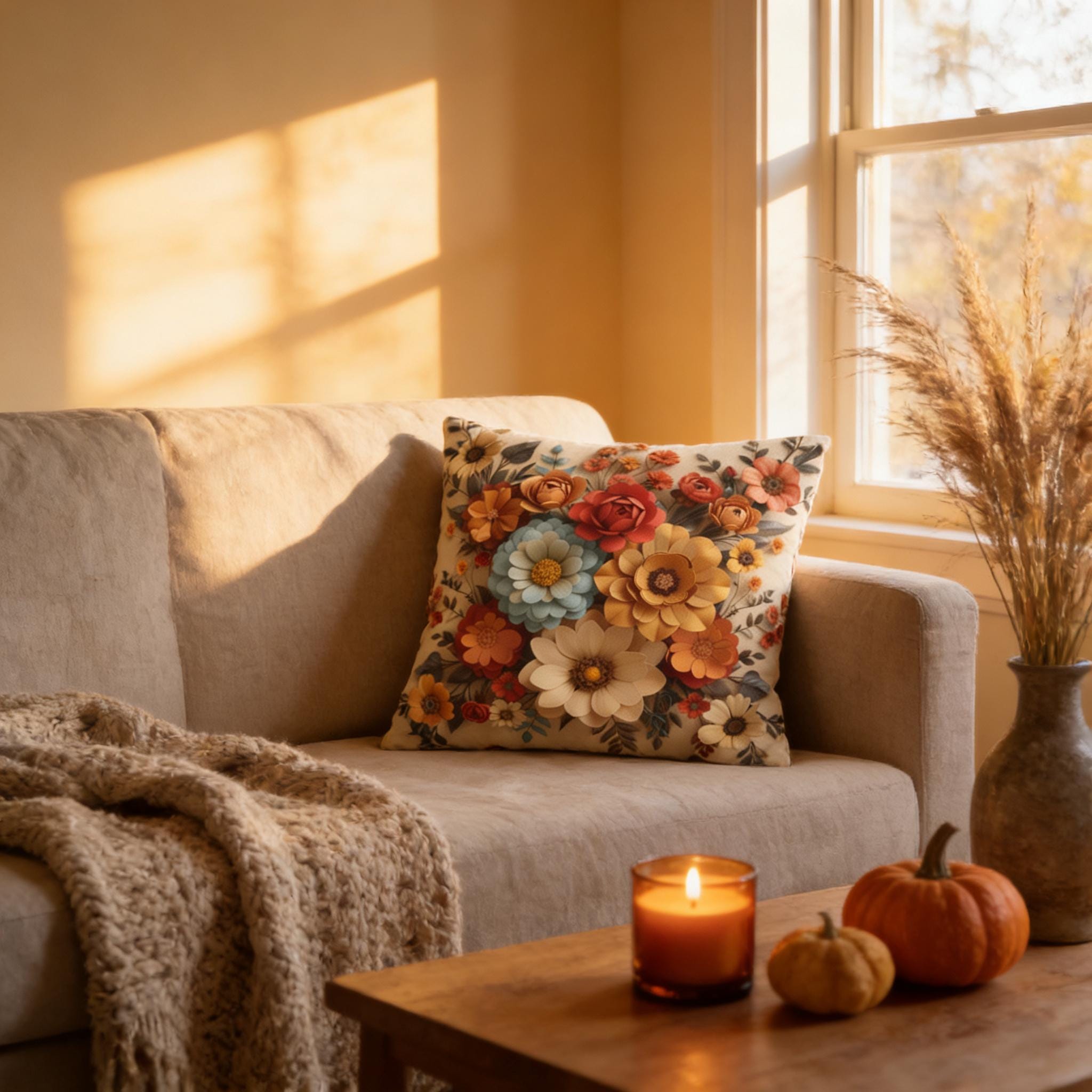 Autumn Floral Pillow Cover, Fall Flowers on Beige (14x14 to 20x20 inches)