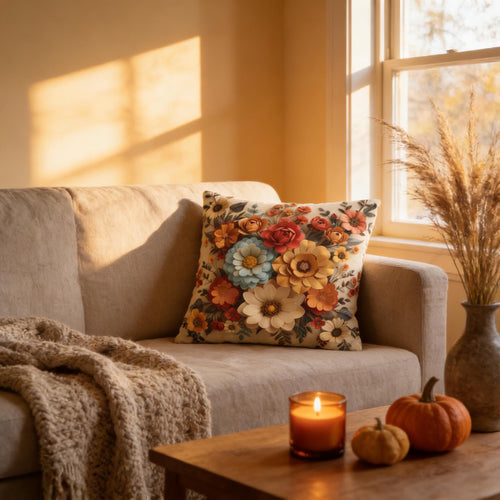 Autumn Floral Pillow Cover, Fall Flowers on Beige (14x14 to 20x20 inches)