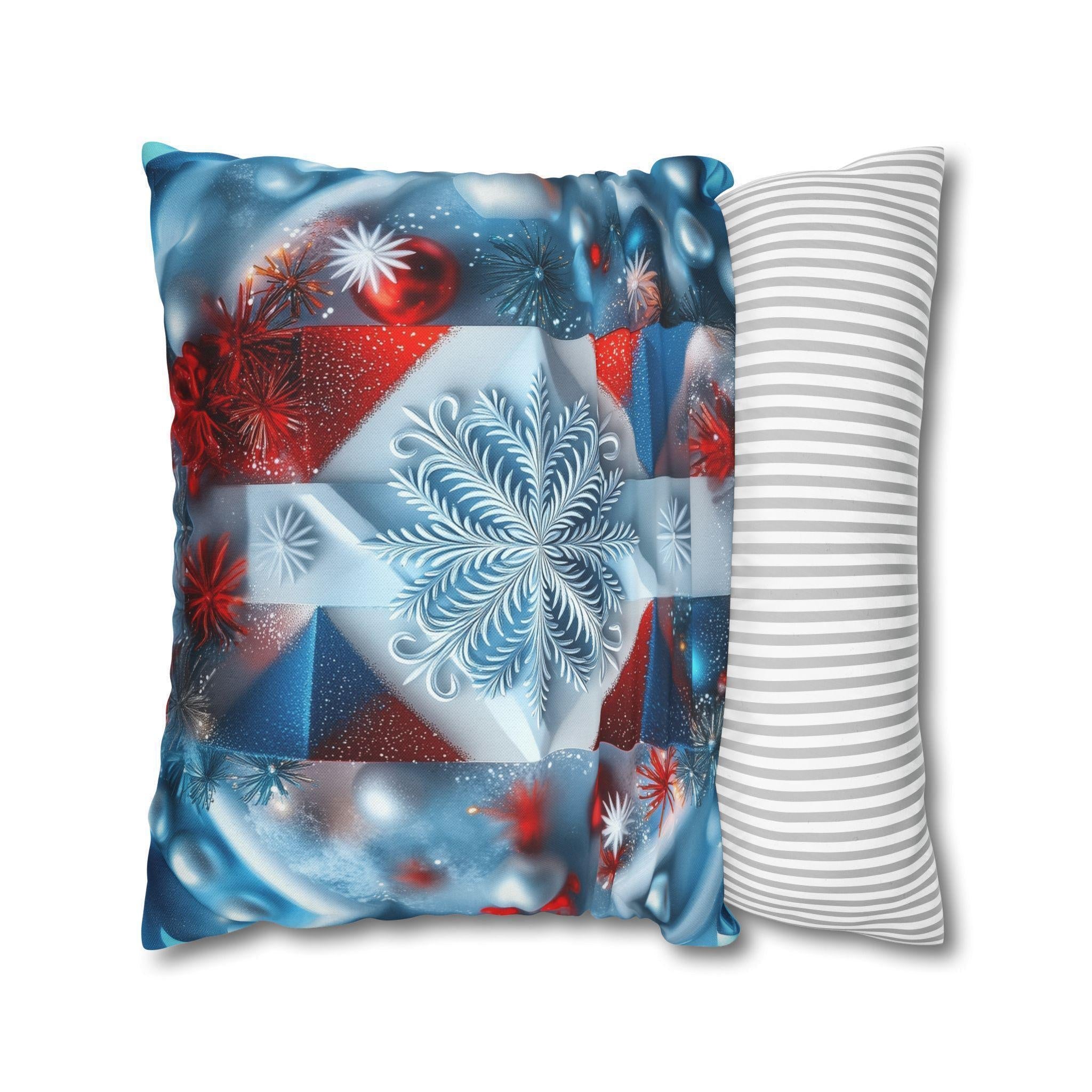Winter Snowflake Pillow Cover, Geometric Holiday Throw Cushion, Red White Blue