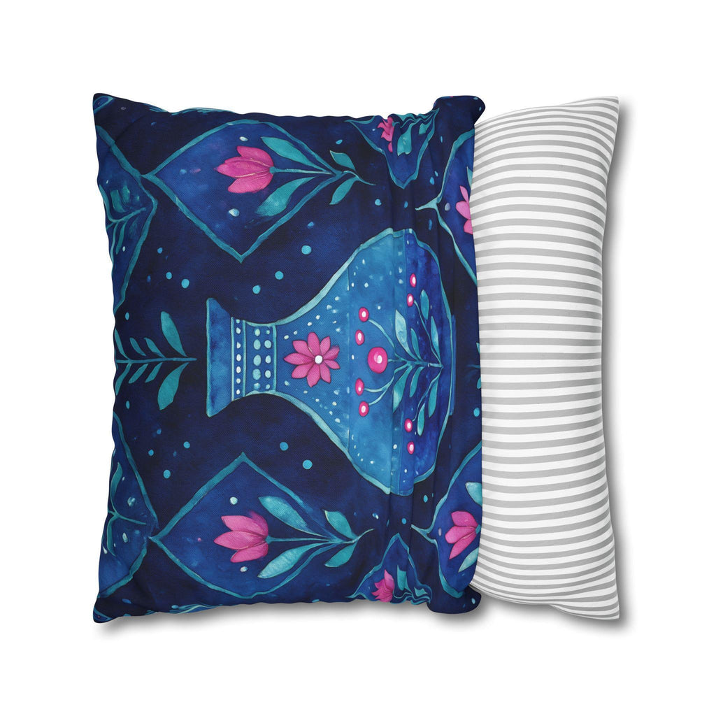 Folk Art Pillow Cover: Blue Vase, Pink Floral Watercolor Design