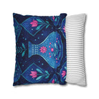 Folk Art Pillow Cover: Blue Vase, Pink Floral Watercolor Design