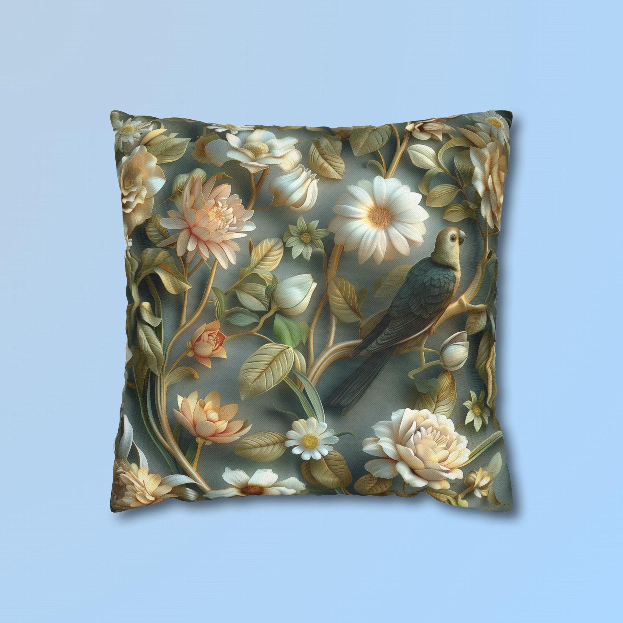 William Morris Pillow Cover | Green Conure, Floral Bird Art
